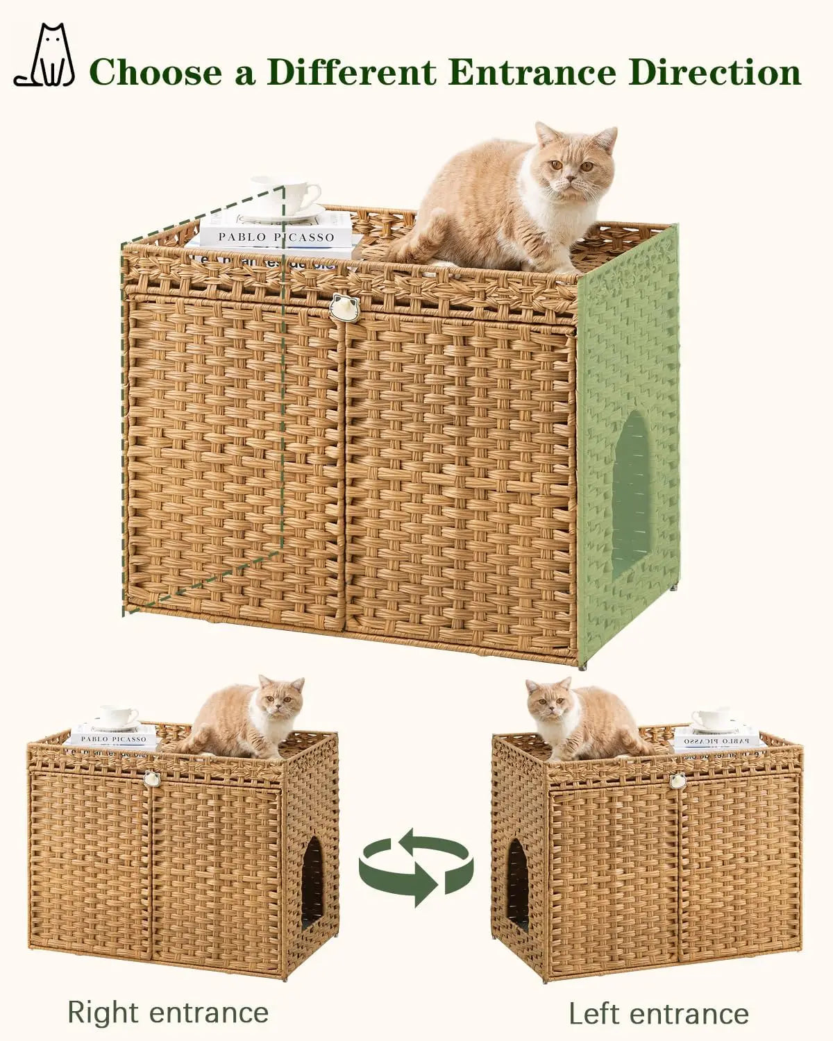 Rattan Cat Litter Box Enclosure With Mat And Hooks