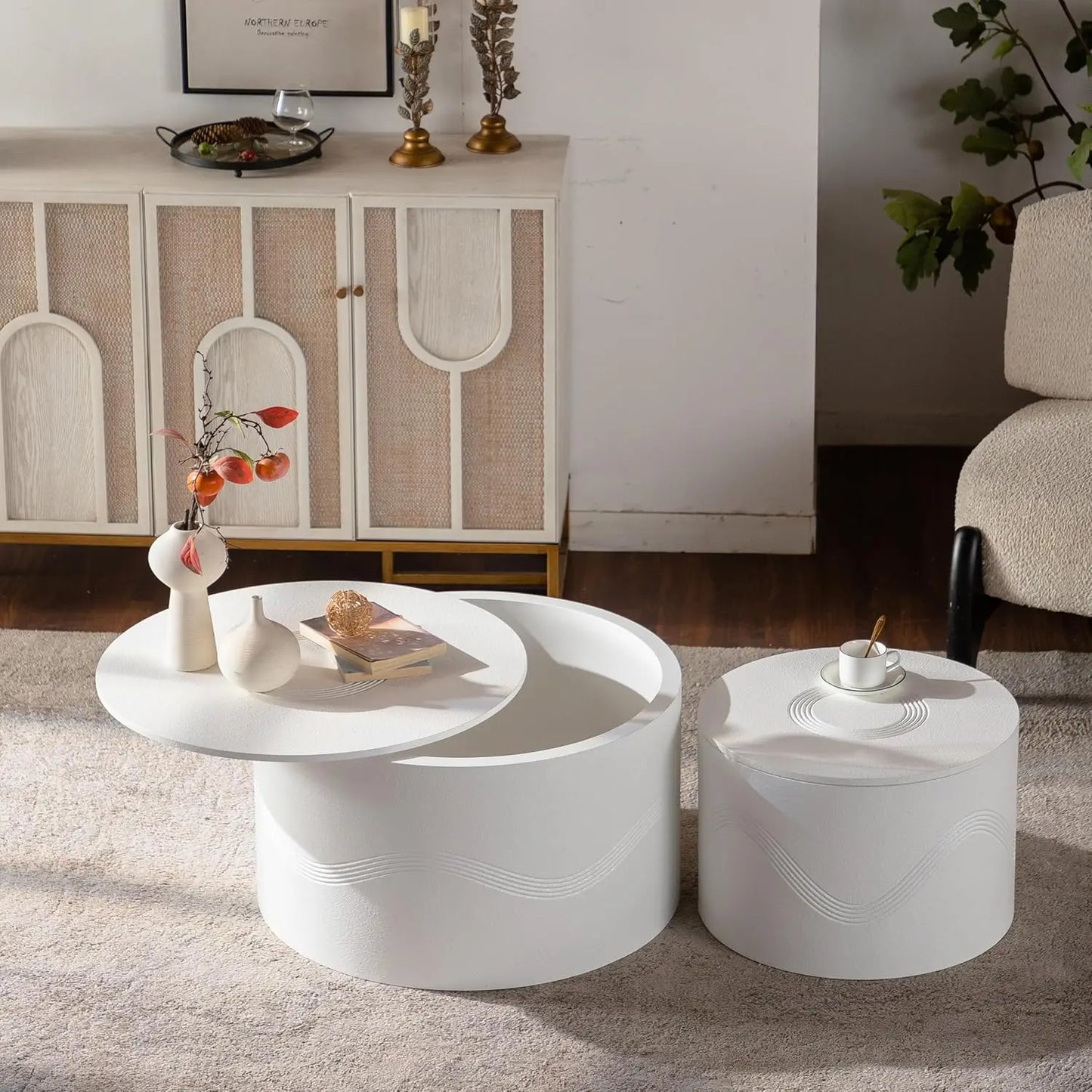 Round Wood Drum Coffee Table Set Of Two No Assembly