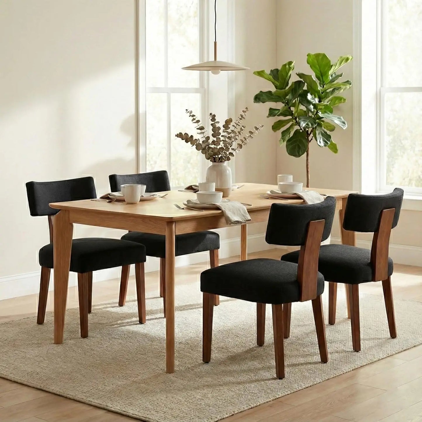 Mid-Century Fur Fabric Dining Chairs With Curved Backrests