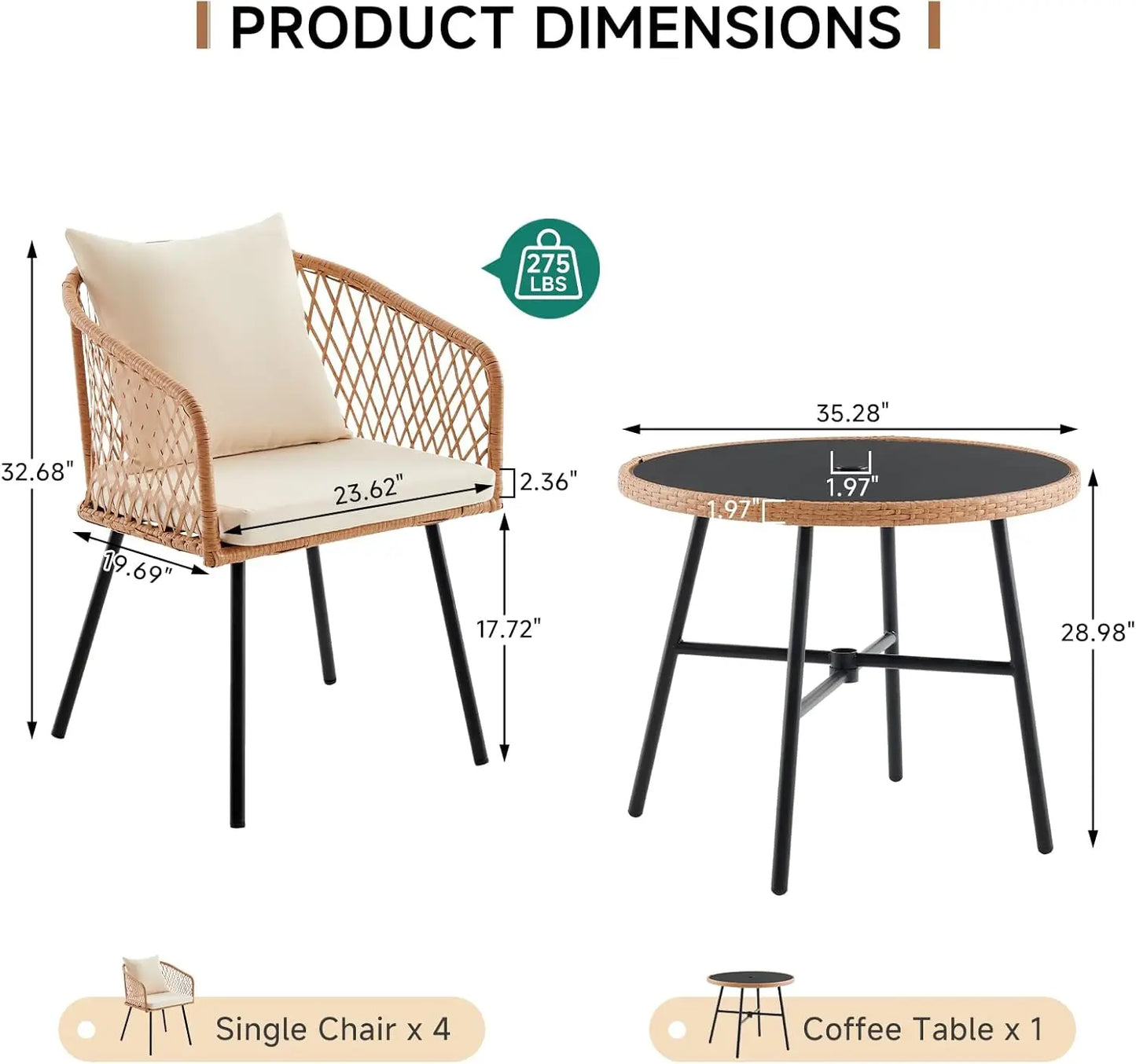 Patio Dining Set Umbrella Hole Rattan Outdoor Furniture Glass Table 4 Chairs