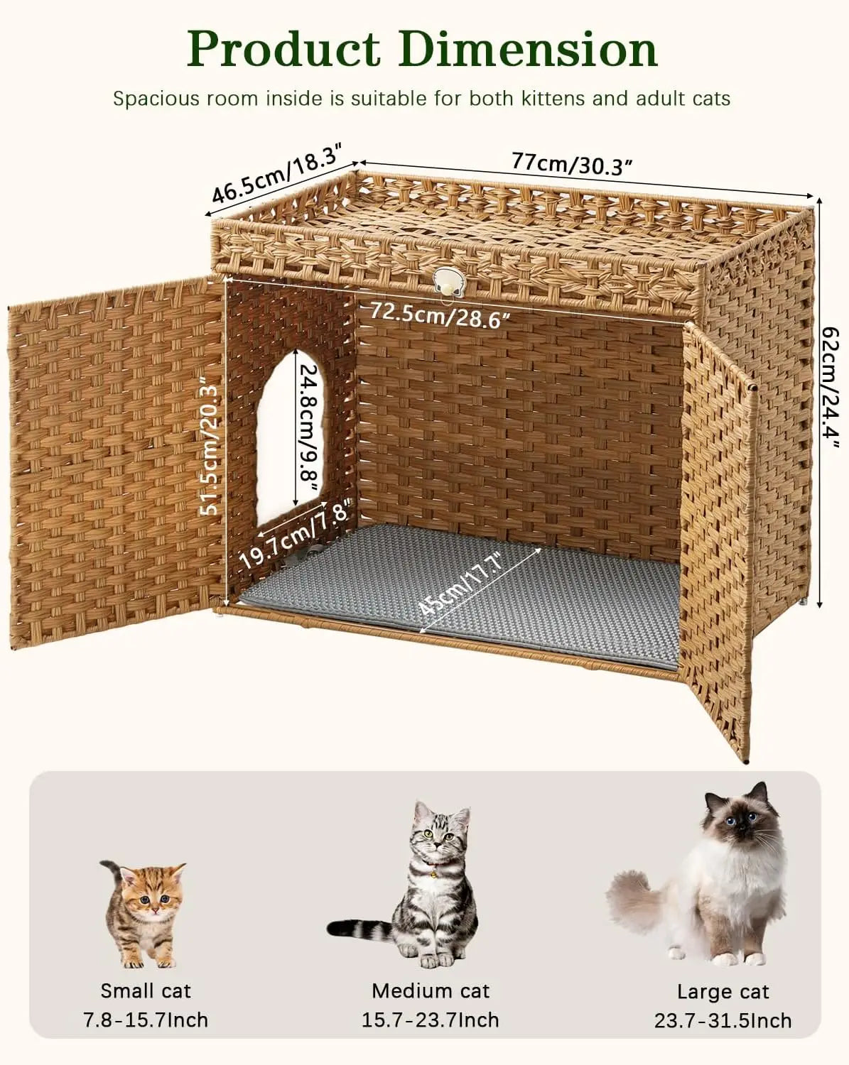 Rattan Cat Litter Box Enclosure With Mat And Hooks