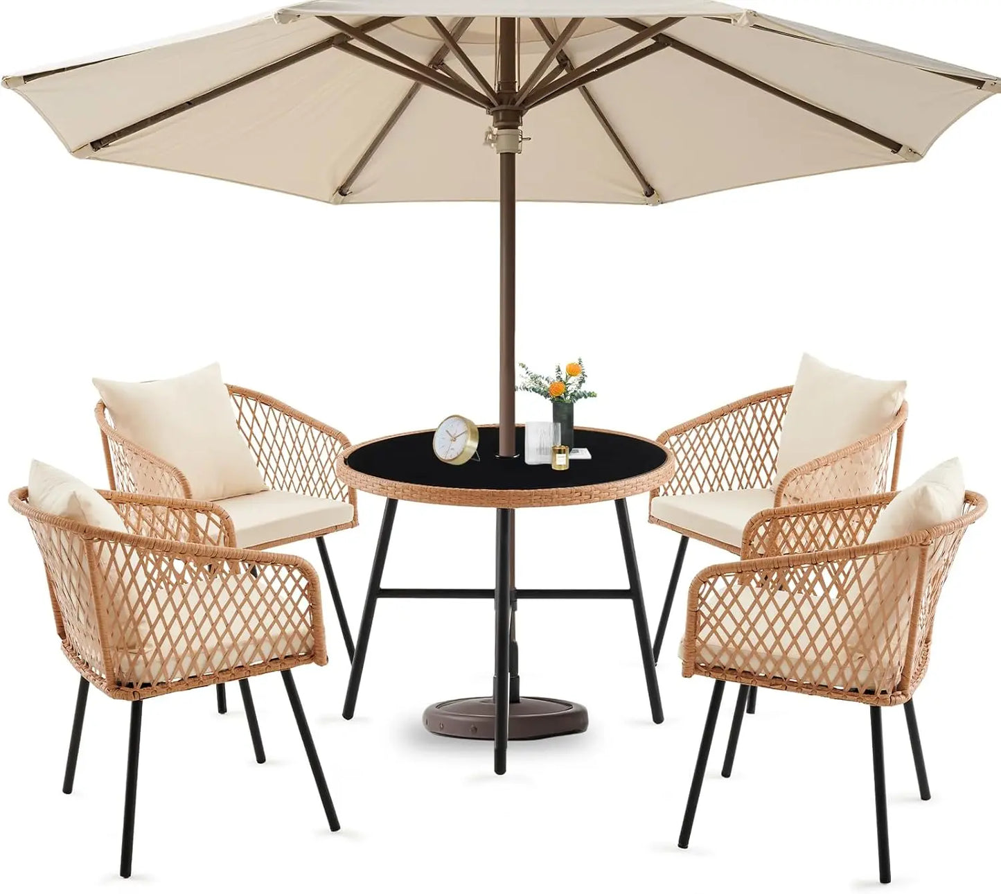 Patio Dining Set Umbrella Hole Rattan Outdoor Furniture Glass Table 4 Chairs