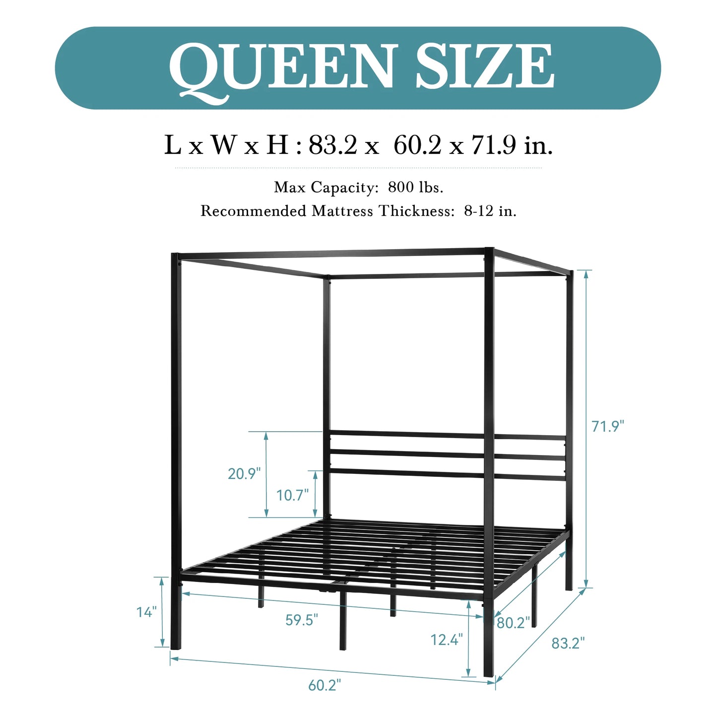 HOOMI Canopy Bed Frame Four Poster With Metal Crossbars