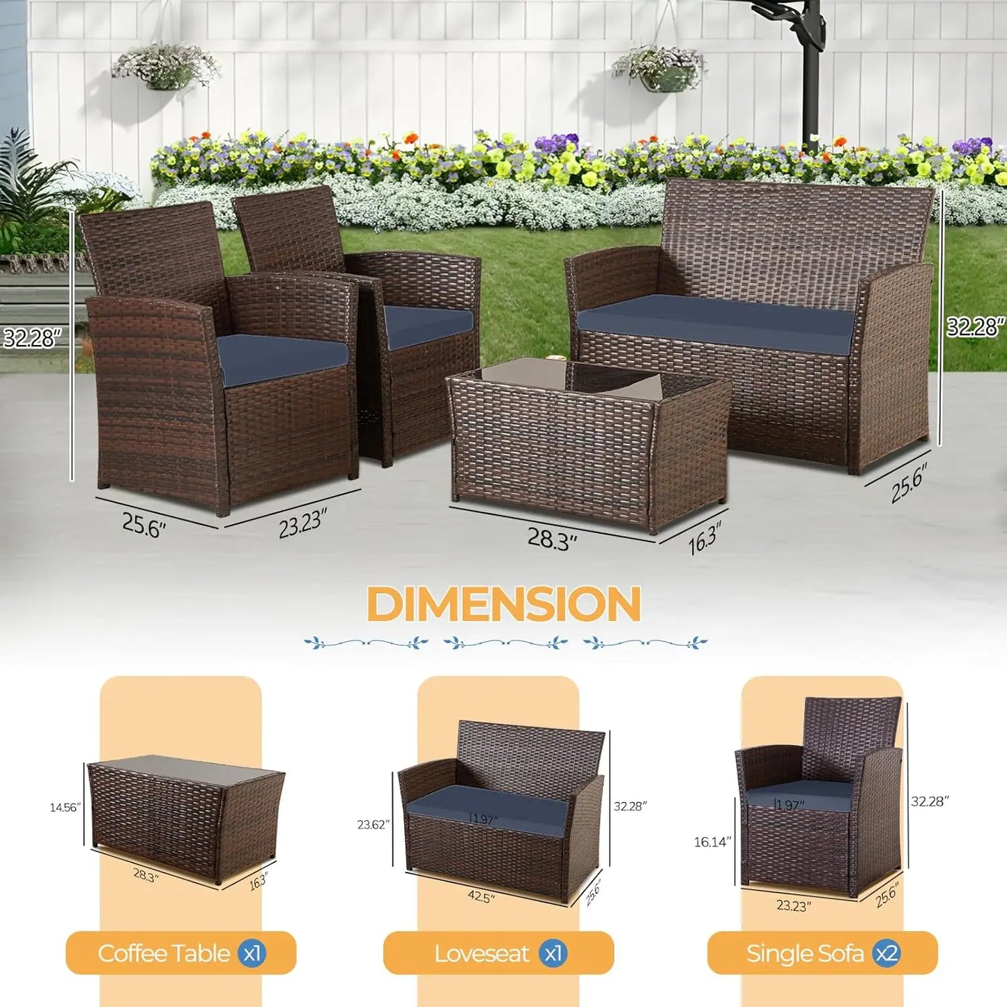 Outdoor 4-Piece Rattan Patio Furniture Set With Table And Chairs