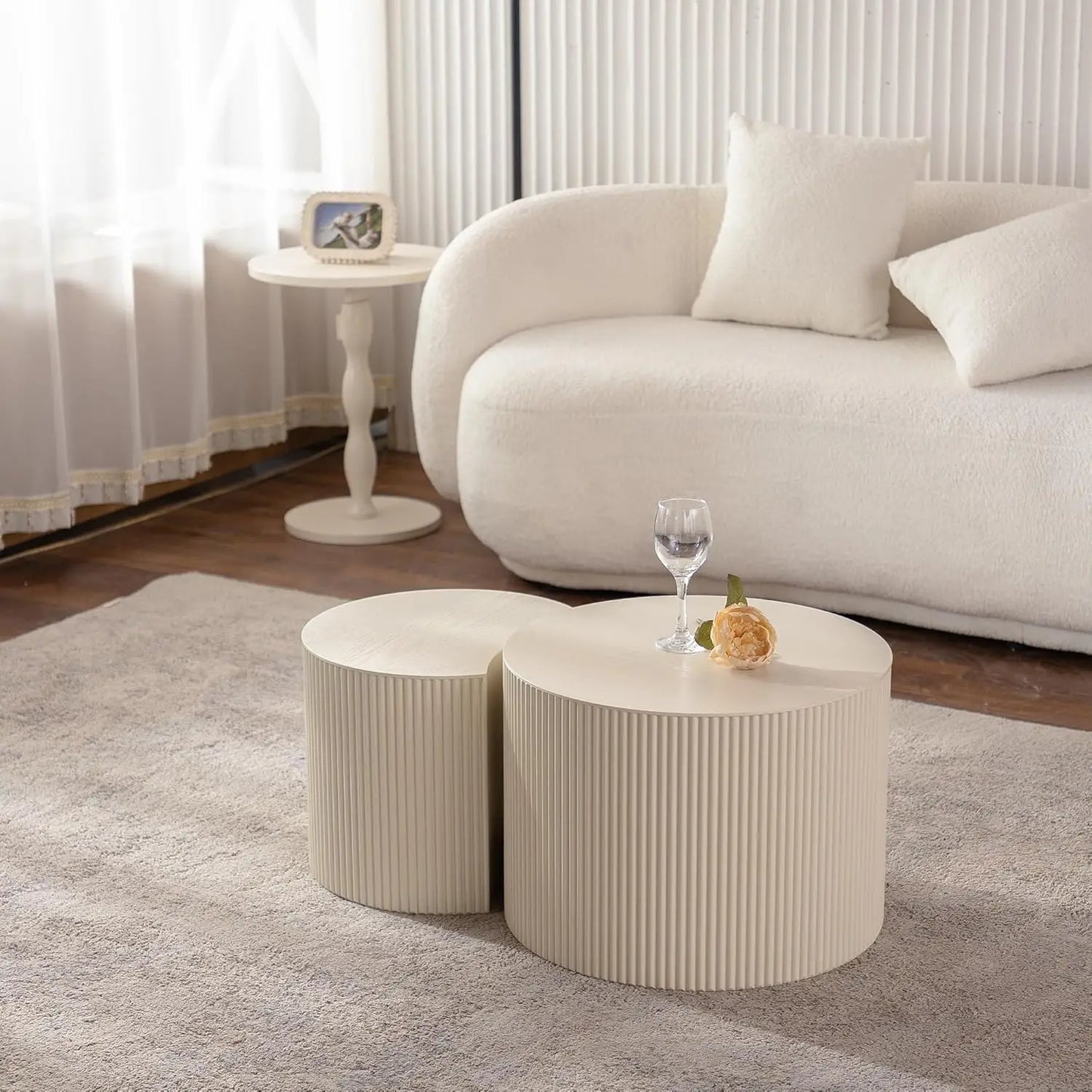 Round Wood Drum Coffee Table Set Of Two No Assembly
