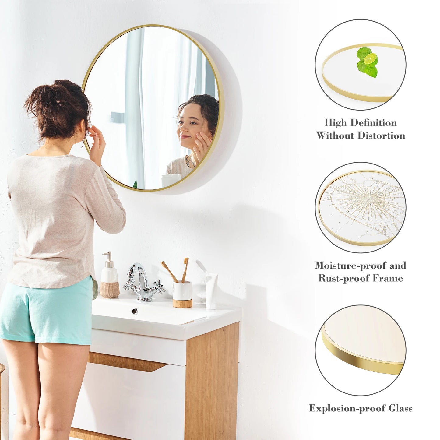 JHK Modern Vanity Round Mirror With Matte Metal Frame