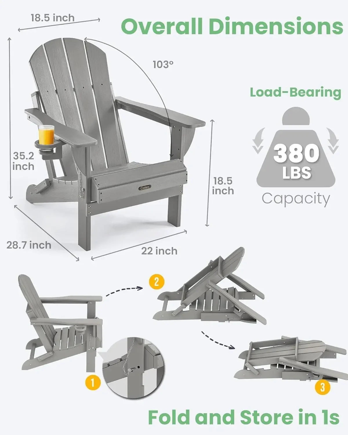 Weather Resistant Folding Adirondack Chairs 2 Pack With Cup Holders
