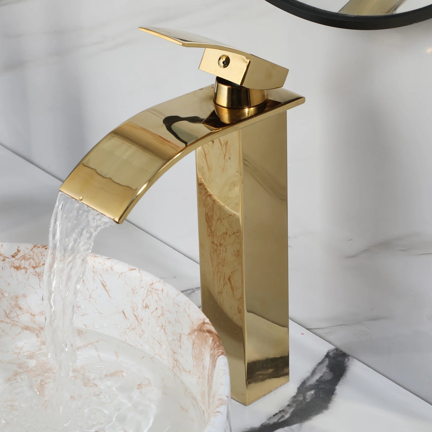 Yanksmart White Marble Vessel Sink With Gold Faucet Drain