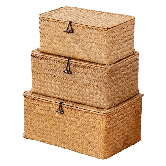 Natural Seagrass Storage Baskets With Lid Set Of 3 Bins
