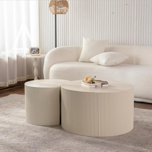 Round Wood Drum Coffee Table Set Of Two No Assembly