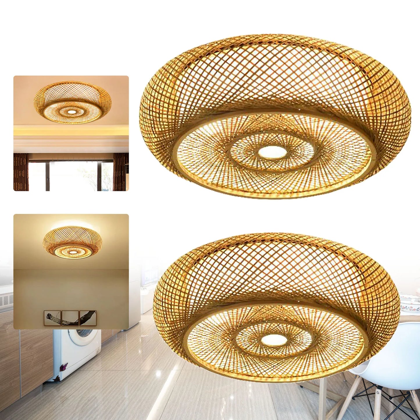 Asian Rustic Bamboo Flush Mount 3 Lamp Ceiling Light Rattan