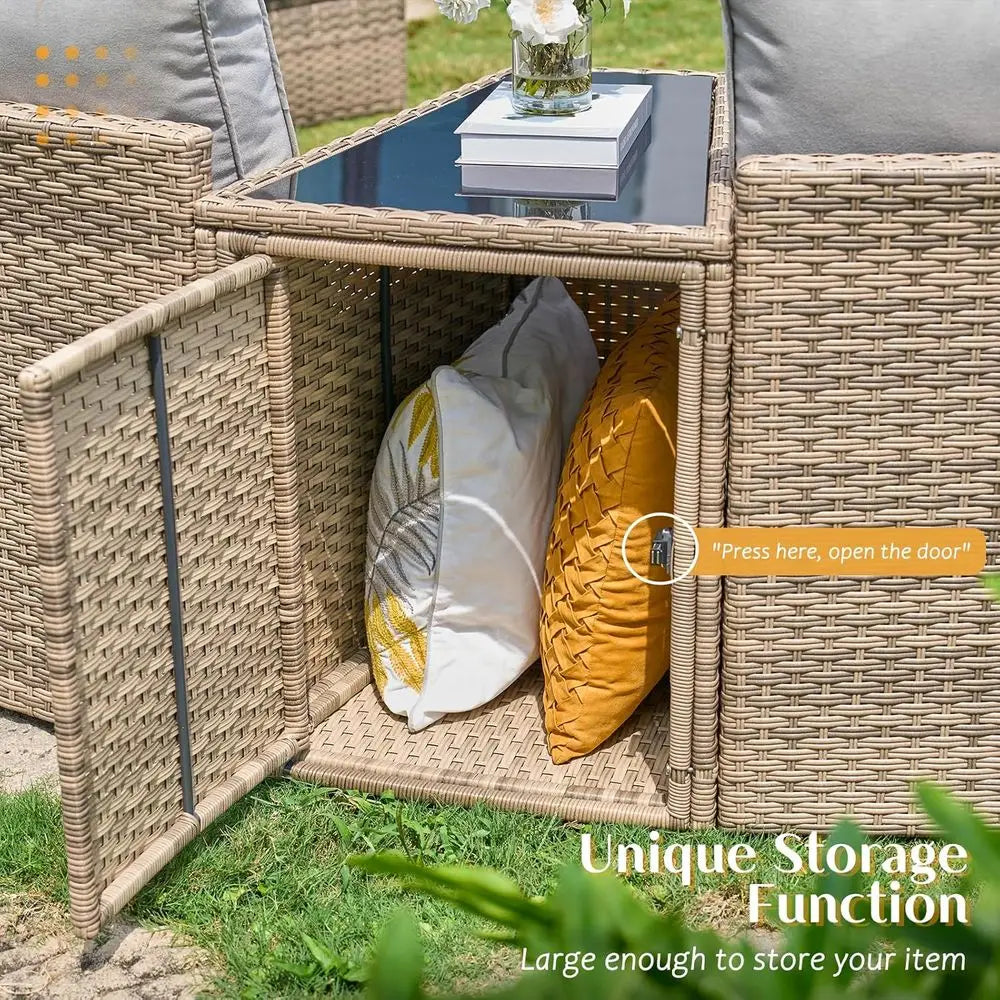 Outdoor Wicker Sectional Sofa Set With Storage Wedge Table