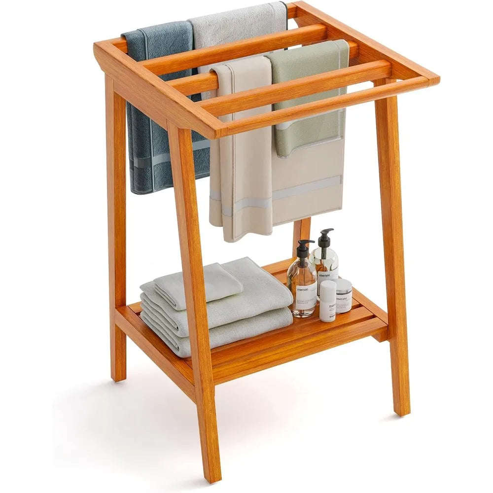 DAFIFY Freestanding Teak Towel Rack With 5 Bars And Shelf
