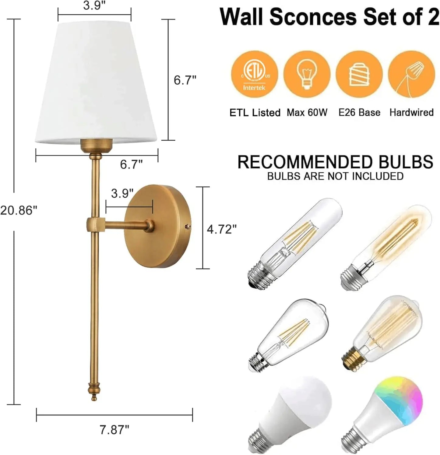 Elegant Classic Brushed Brass Wall Sconces Set of Two