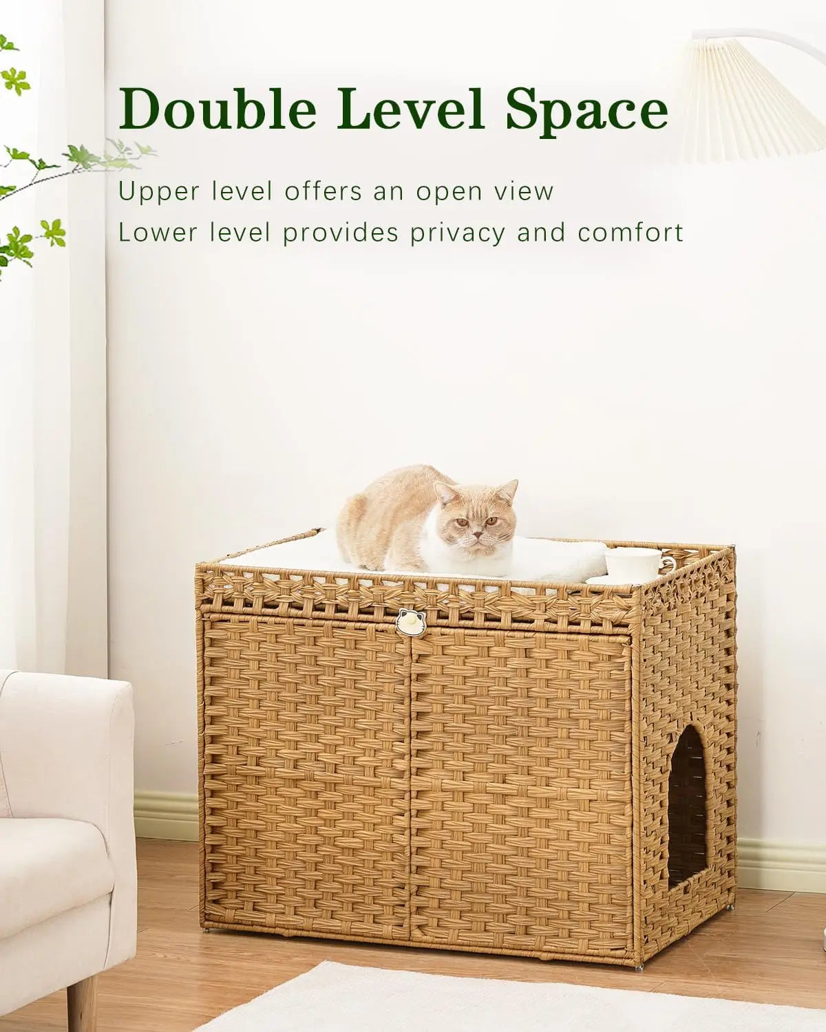 Rattan Cat Litter Box Enclosure With Mat And Hooks