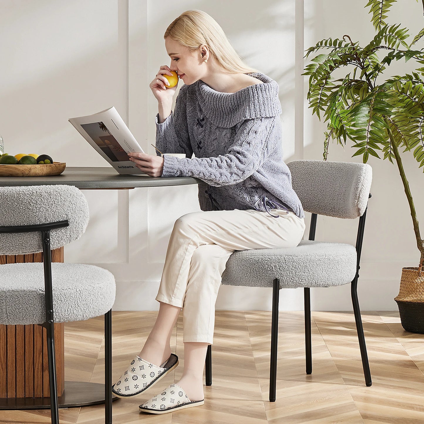 JHK Ergonomic Round Dining Chairs Set Plush Fabric Metal Legs