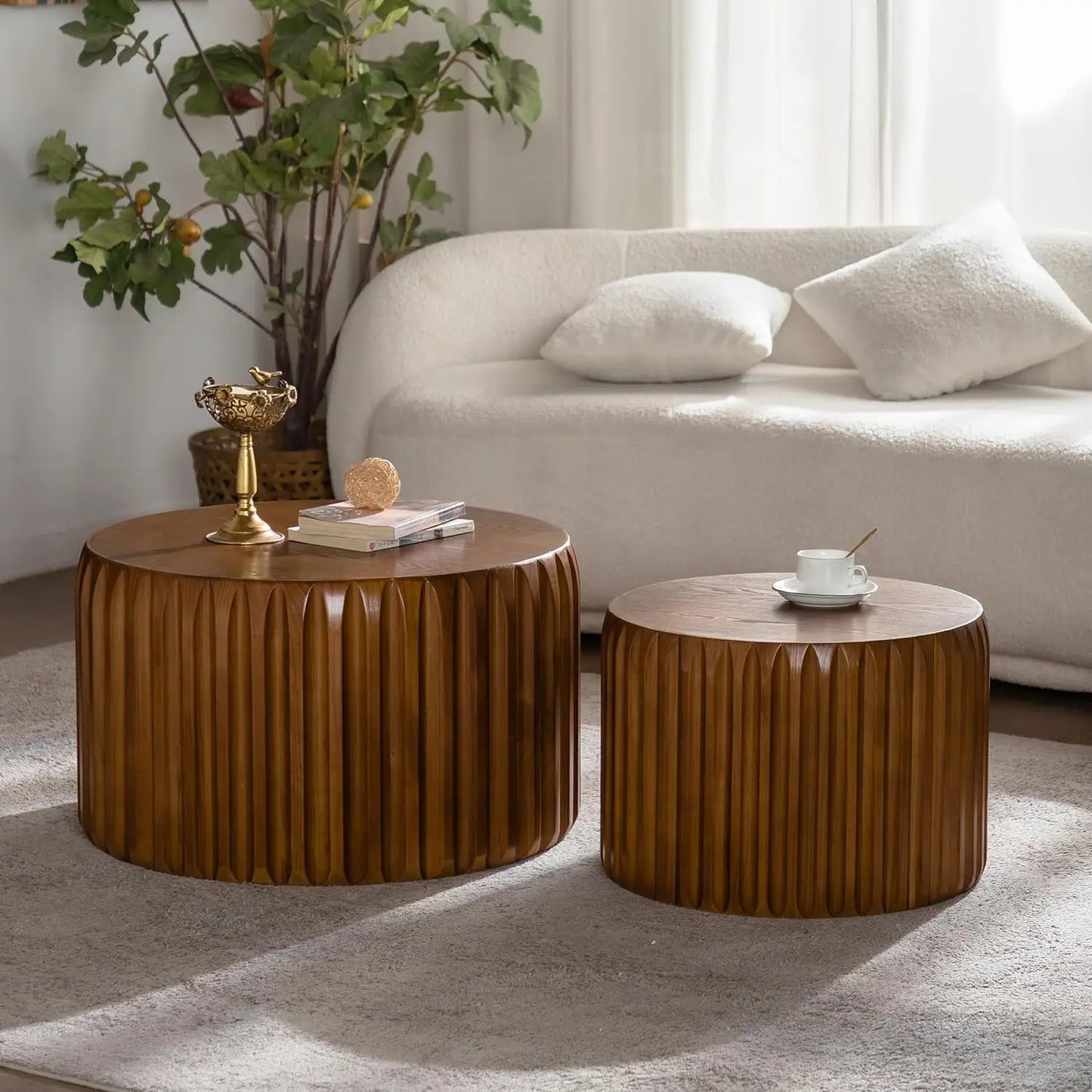 Round Wood Drum Coffee Table Set Of Two No Assembly