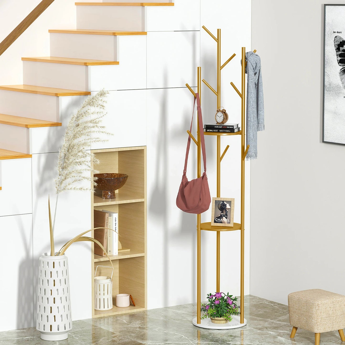 Wisfor Freestanding Metal Coat Rack With Marble Shelf Stand