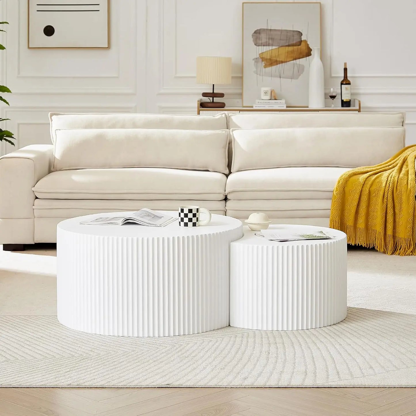 Round Wood Drum Coffee Table Set Of Two No Assembly