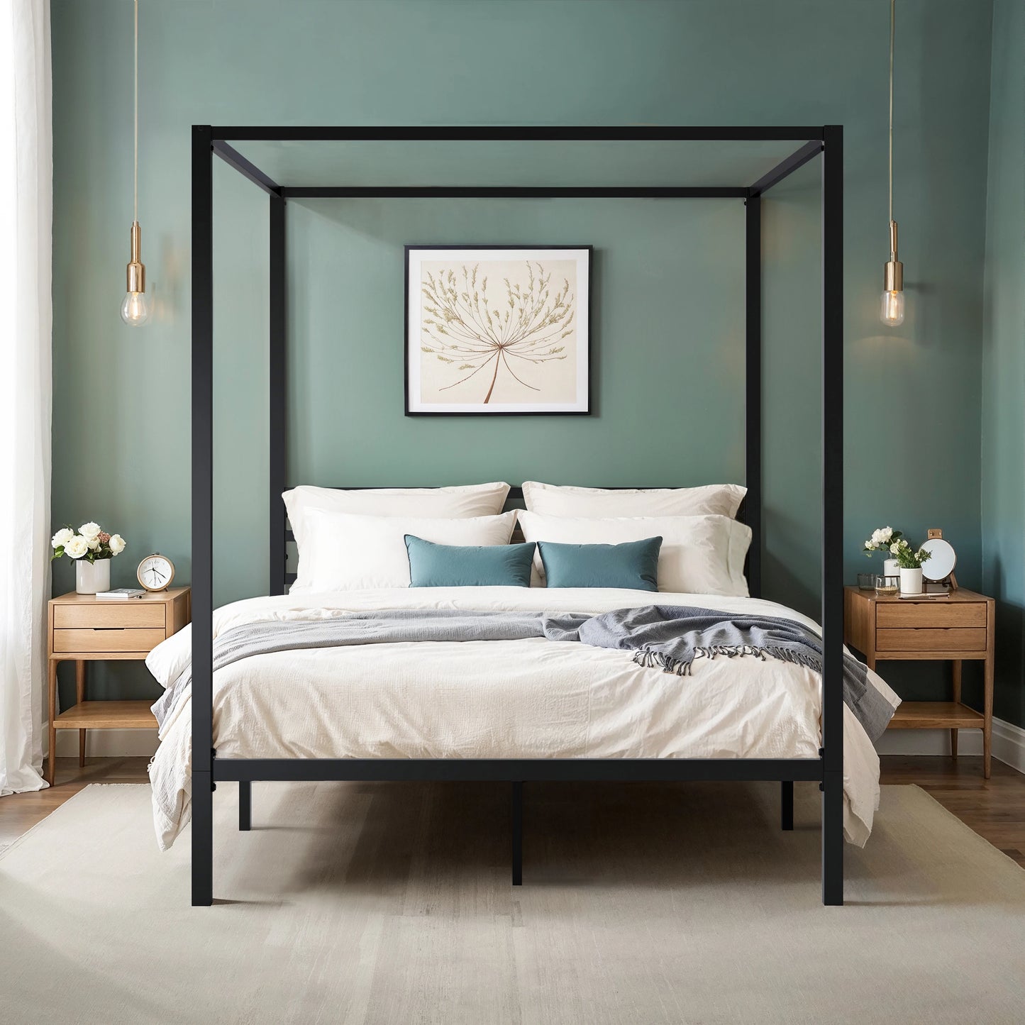 HOOMI Canopy Bed Frame Four Poster With Metal Crossbars