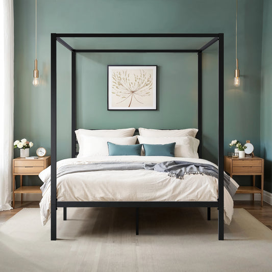 HOOMI Canopy Bed Frame Four Poster With Metal Crossbars