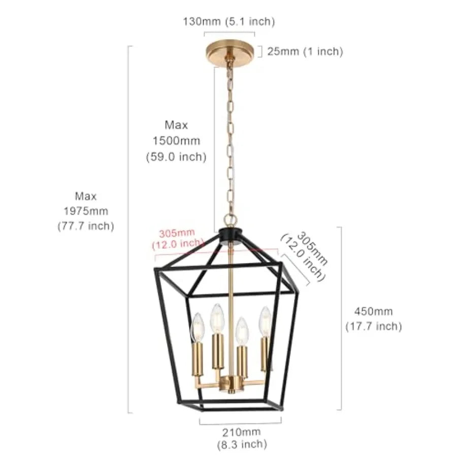 4-Light Farmhouse Cage Pendant Light Chandelier Brass Candle Shape