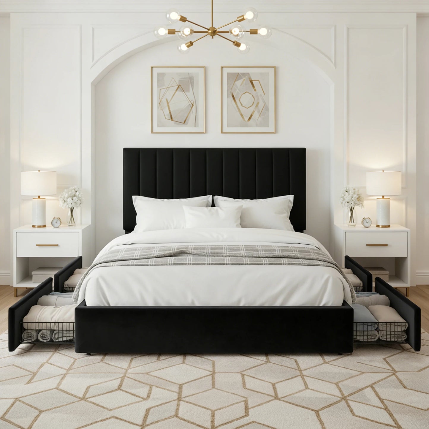 HOOMIC Velvet Storage Bed Frame with Adjustable Headboard and Drawers