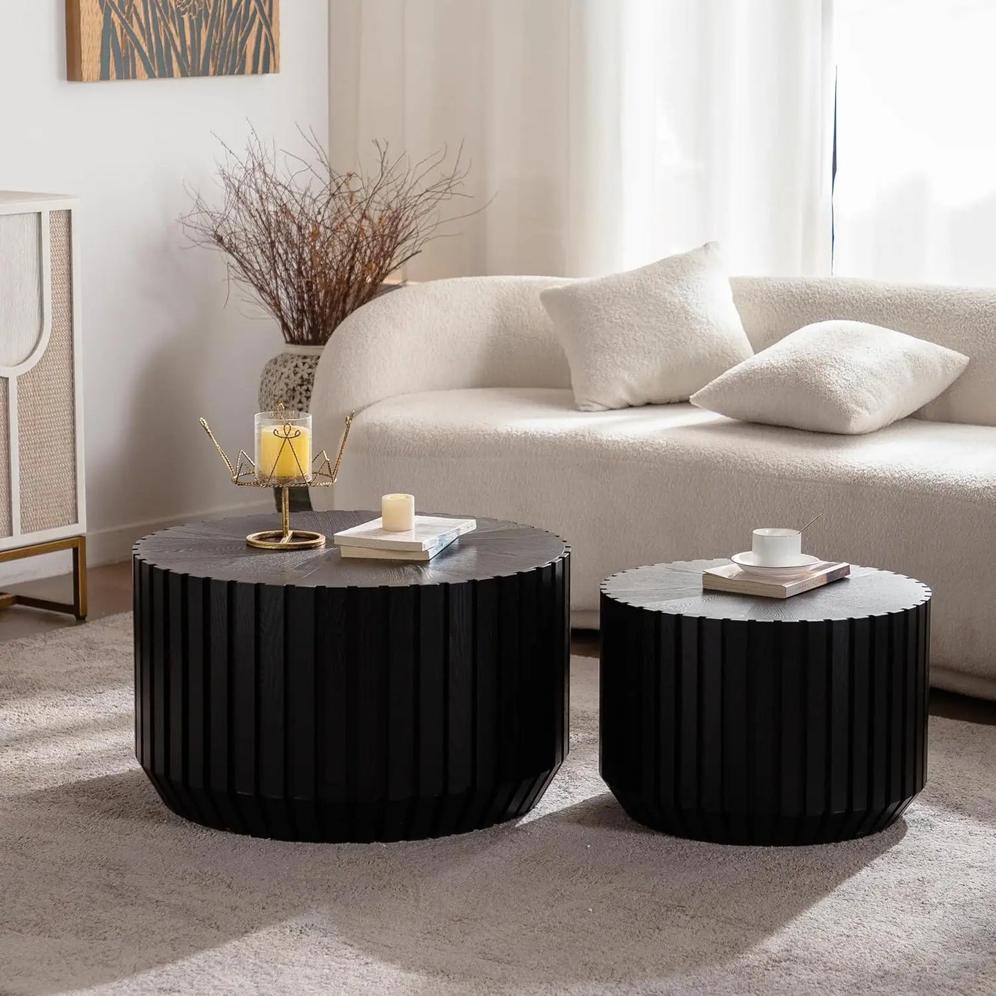 Round Wood Drum Coffee Table Set Of Two No Assembly