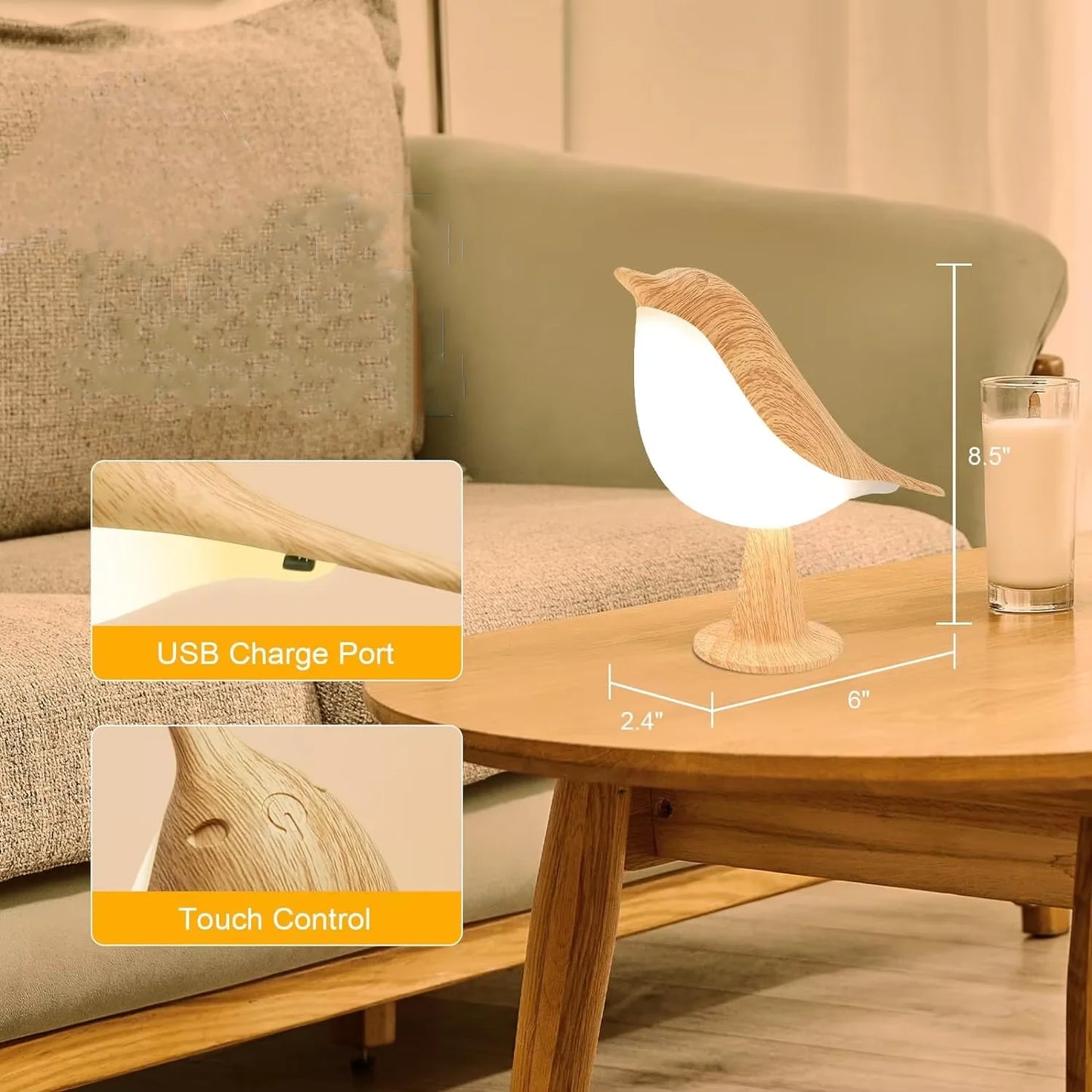 LED Touch Control Bird Lamp Art Deco Dimmable With USB C Rechargeable