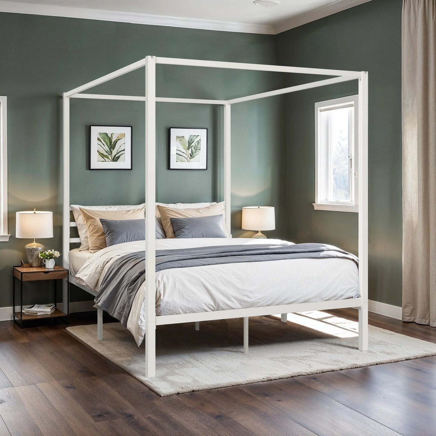 HOOMI Canopy Bed Frame Four Poster With Metal Crossbars