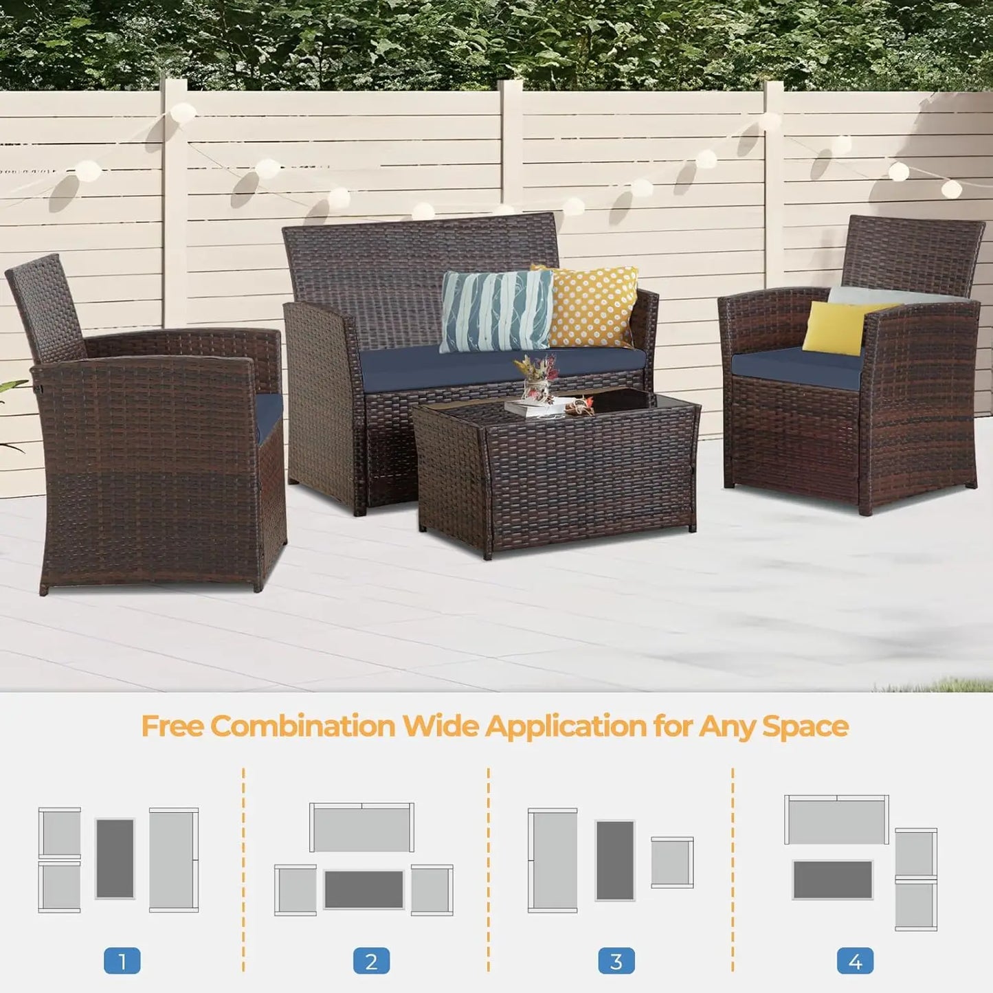 Outdoor 4-Piece Rattan Patio Furniture Set With Table And Chairs