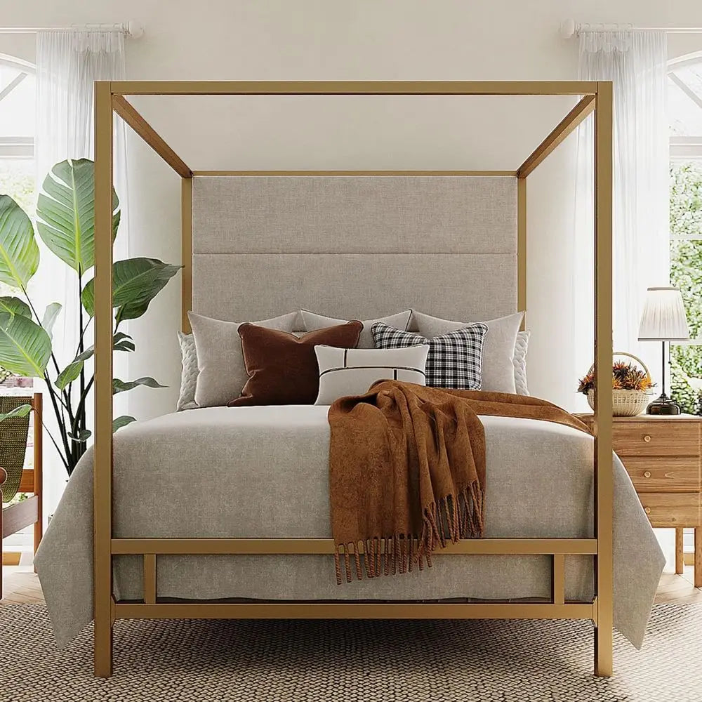 RBXC Modern Metal Canopy Bed Frame 4-Poster With Linen Headboard