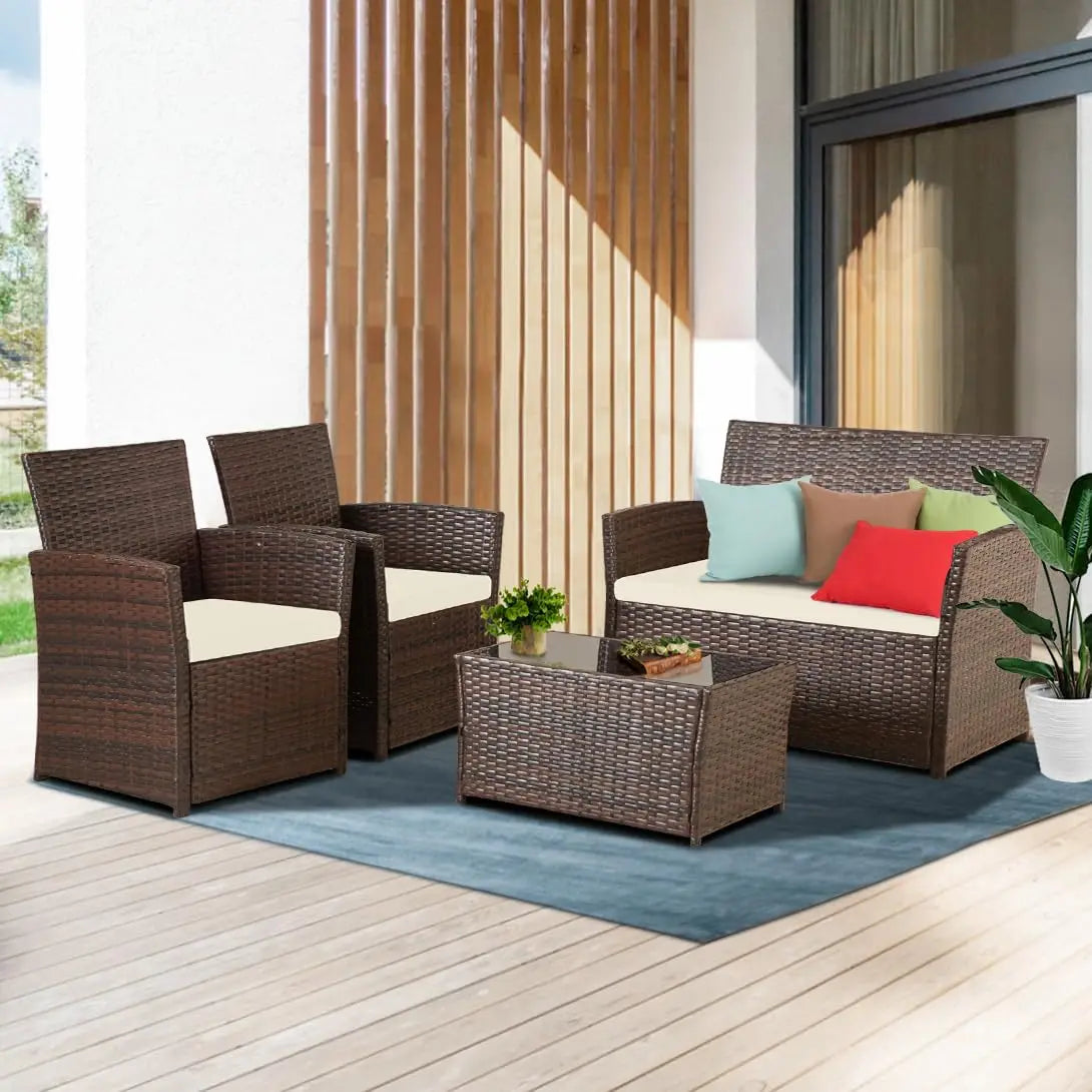 Outdoor 4-Piece Rattan Patio Furniture Set With Table And Chairs