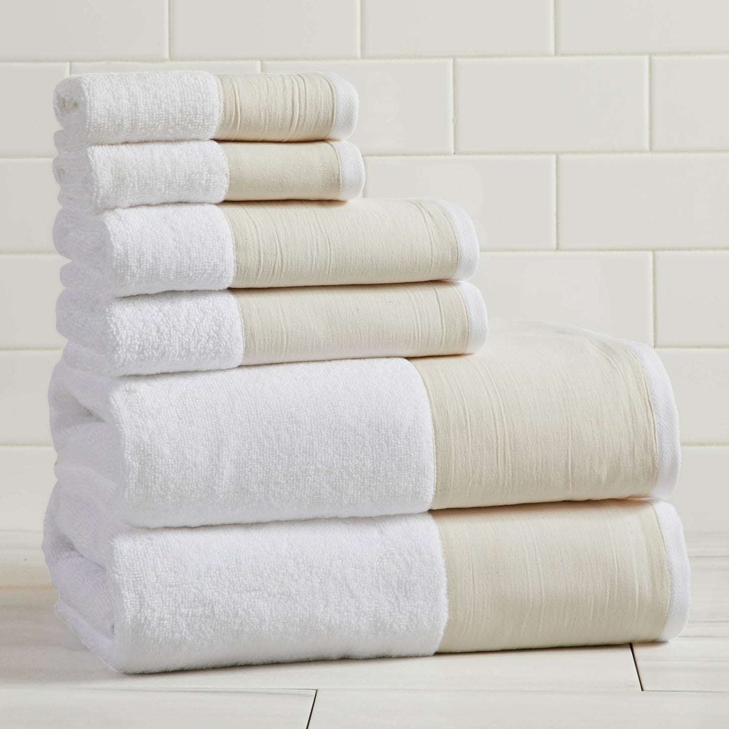 Cotton Linen Border Towel Set, Six Piece Priya Collection