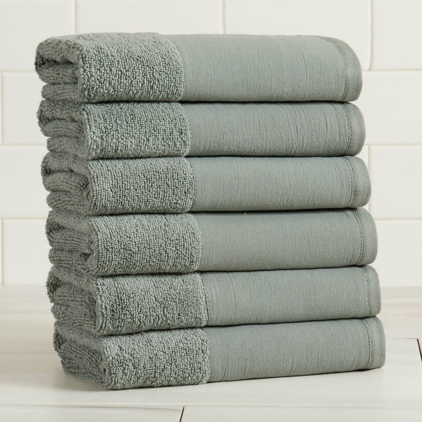Cotton Linen Border Towel Set, Six Piece Priya Collection