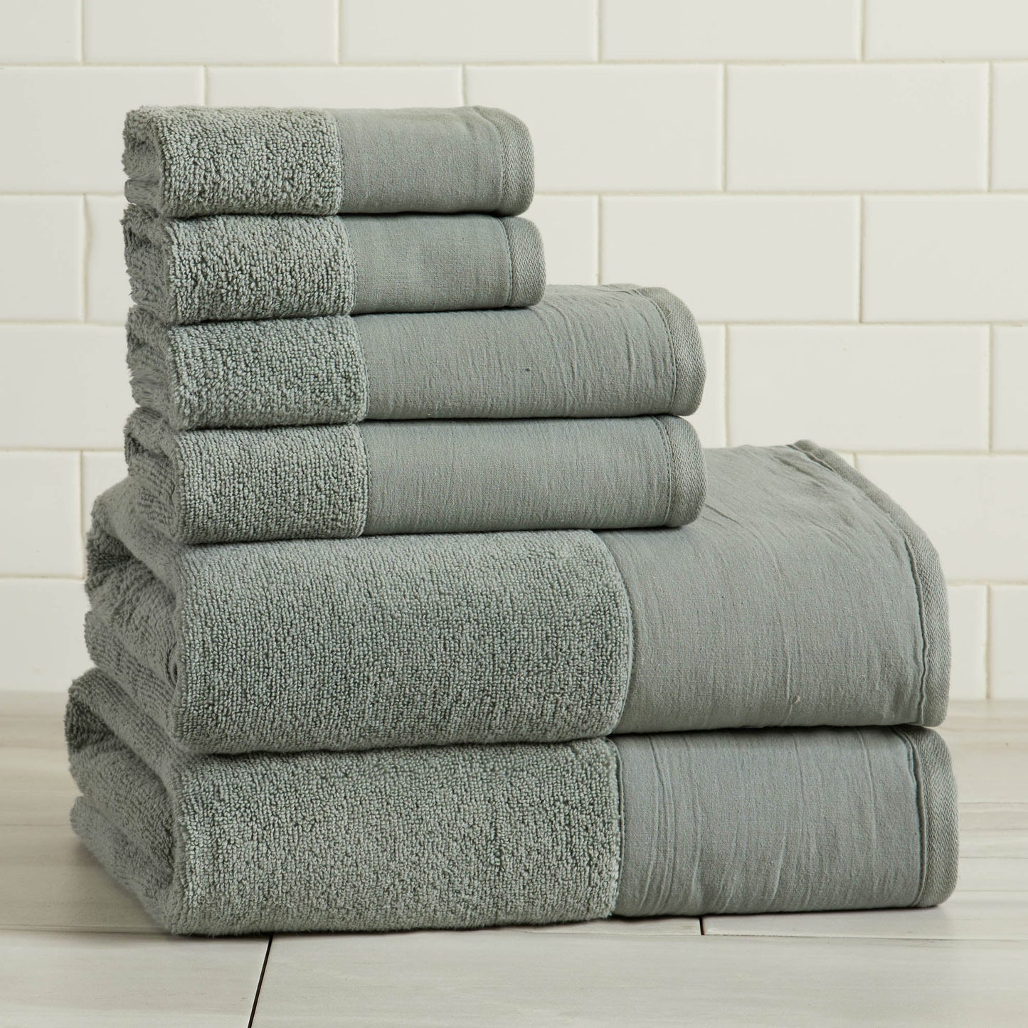 Cotton Linen Border Towel Set, Six Piece Priya Collection