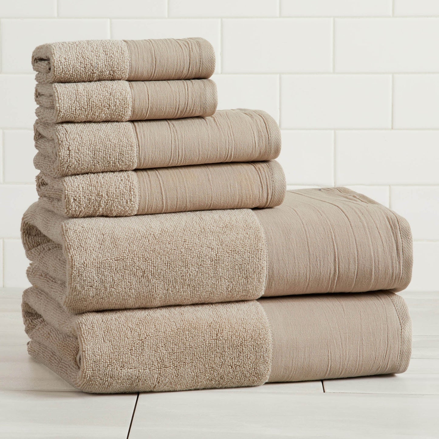 Cotton Linen Border Towel Set, Six Piece Priya Collection
