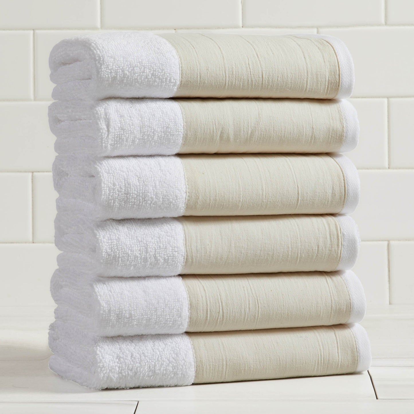Cotton Linen Border Towel Set, Six Piece Priya Collection