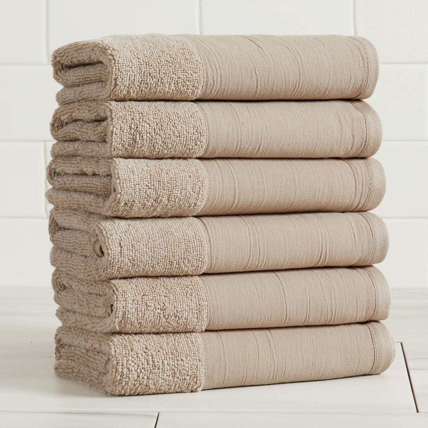 Cotton Linen Border Towel Set, Six Piece Priya Collection
